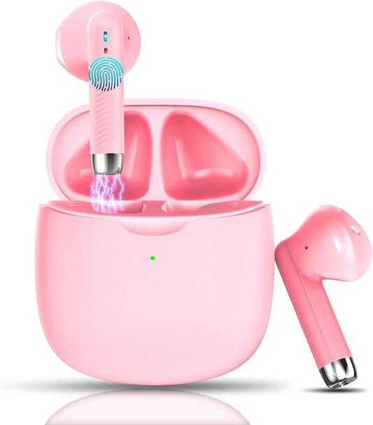 Wireless Earbuds, Bluetooth 5.4 Earbuds Stereo Bass, Bluetooth Headphones in Ear Noise Cancelling Mic, Wireless Earphones IP7 Waterproof Sports, 32H Playtime Mini USB C Charging Ear Buds Light Pink-StrideForce Fitness