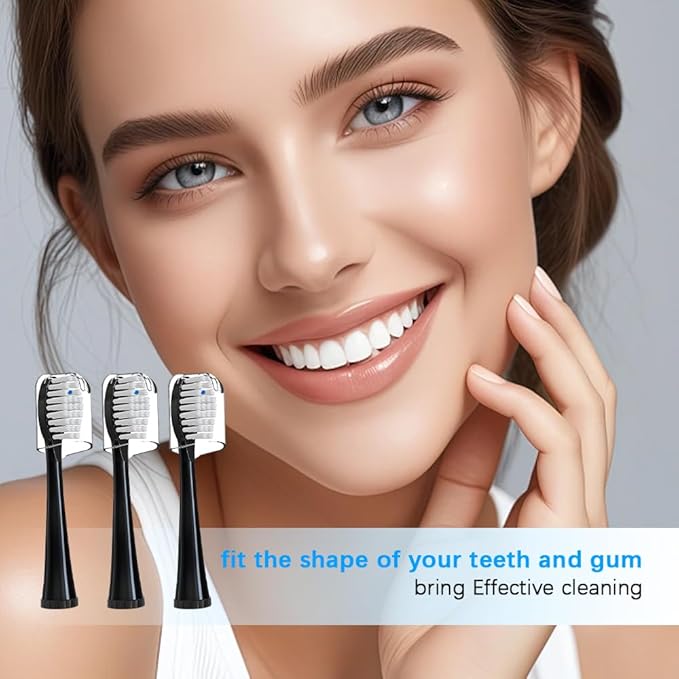 Replacement Brush Heads for 𝗪𝗮𝘁𝗲𝗿𝗽𝗶𝗸 𝐒𝐨𝐧𝐢𝐜-𝐅𝐮𝐬𝐢𝐨𝐧 2.0 Flossing Toothbrush Head fit (SF-01/ SF-02/ SF-03/ SF-04) 3 Pack Black Soft Bristles with Caps (Black, Full Size)