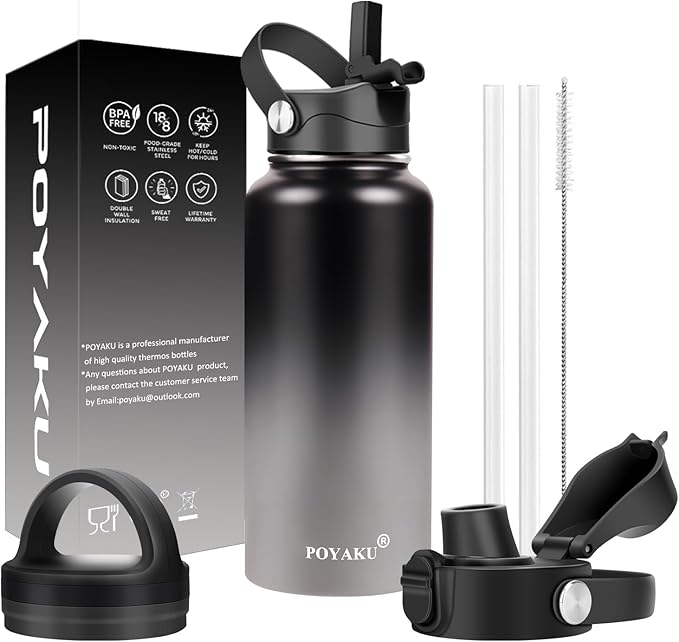 Water Bottle Insulated 32oz 40oz 64oz 128oz Straw Lid Spout Lid & 3 Lids, Leak Proof, Vacuum Insulated,Stainless Steel Water Bottle Wide Mouth for Sports, Gym or Office-StrideForce Fitness