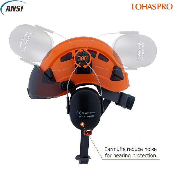 LOHASPRO Arborist Forestry Helmet Safety Hard Hat with Visor and Ear Muffs for Tree Service Logging Cutting Wood Chainsaw Helmet Garden Work Mowing(P91 Orange+Smoked Visor+Earmuff)-StrideForce Fitness
