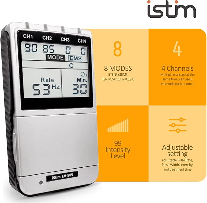 iSTIM EV-805 TENS EMS 4 Channel Rechargeable Combo Machine Unit - Muscle Stimulator + Back Pain Relief and Management- 24 Programs/Backlit (Including Electrodes Pads)-StrideForce Fitness