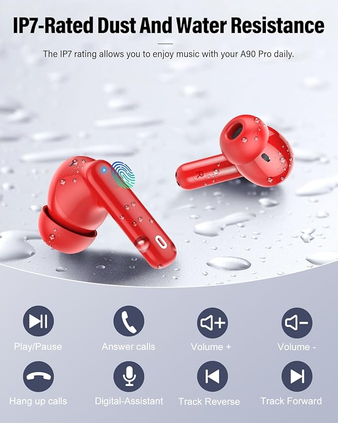 Wireless Earbuds, Bluetooth 5.4 Headphones Bass Stereo, Ear Buds with Noise Cancelling Mic, IP7 Waterproof in Ear Earphones, 36H LED Display Bluetooth Earbuds for Laptop Pad Phones Sports, Red-StrideForce Fitness
