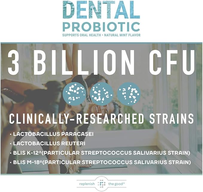 Dental Oral Probiotic, 60 Chewable Tablets - Supplements w/BLIS K12 & M18 - Bad Breath Treatment for Adults - Boosts Oral Health - Fights Halitosis, Tooth Decay, Strep Throat (Mint Flavor)