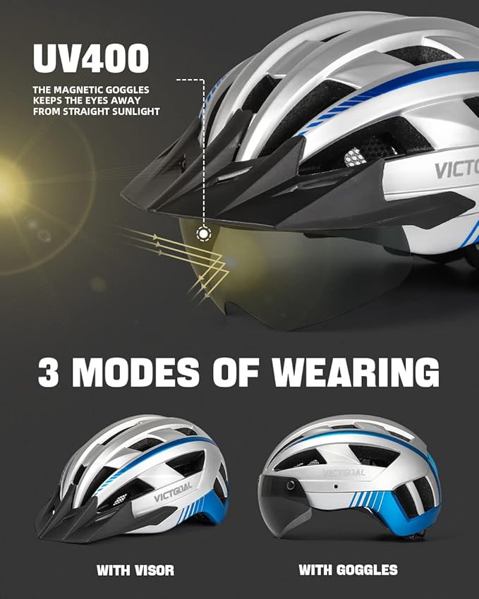 VICTGOAL Bike Helmet for Men Women with Led Light Detachable Magnetic Goggles Removable Sun Visor Mountain & Road Bicycle Helmets Adjustable Size Adult Cycling Helmets-StrideForce Fitness
