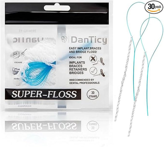 Super Floss Threaders, Periodontal Floss, Orthodontic Threader, Ultraclean Access Tool for Daily Care of Periodontal Disease and Gum Health for Implant, Bridge and Braces 30PCS