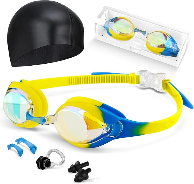 Kids Swim Goggles, Anti-fog and UV Protection with Swim Cap for Age 3-15 Youth Boys Girls Toddler-StrideForce Fitness