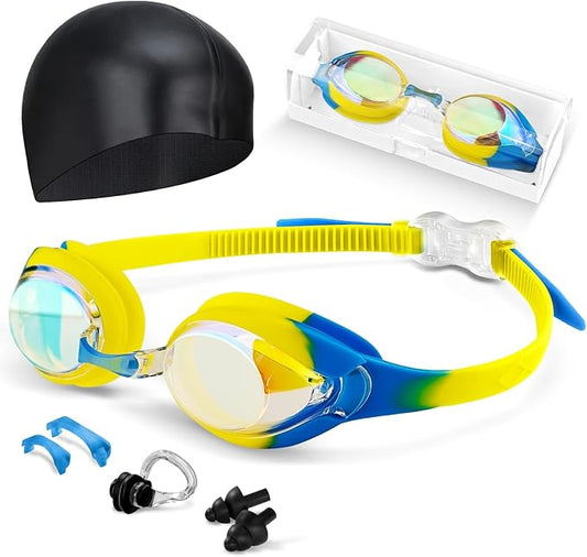 Kids Swim Goggles, Anti-fog and UV Protection with Swim Cap for Age 3-15 Youth Boys Girls Toddler-StrideForce Fitness