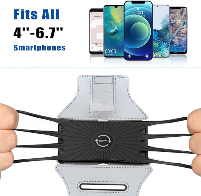 VUP Running Armband 360°Rotatable for iPhone 14/13/Pro Max/Pro/Mini/12/11/SE/Xs/XR/X/8/7/Plus, Fits All 4-6.7 Inch Smartphones, with Key Holder Phone Armband for Running Hiking Biking (Sliver)-StrideForce Fitness