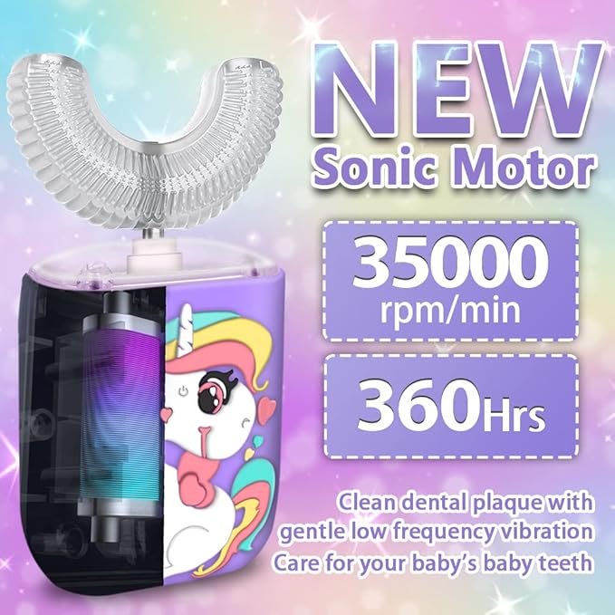 Kids U-Shaped Electric Toothbrush, Sonic Automatic Toothbrush with 4 Brush Heads, 360° Whole Mouth Cleaning Six Modes, Unicorn Design, IPX7 Waterproof, Rechargeable Birthday Gift (Purple, Kids 2-7)