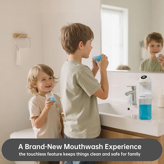 Upgraded Automatic Mouthwash Dispenser with 4 Dispensing Levels for Bathroom-GIMUBABA Smart Mouth Wash Dispenser Sets with 20.3 FL Oz Container,2 Cups & Wall Mount Accessories for Kids & Family,White