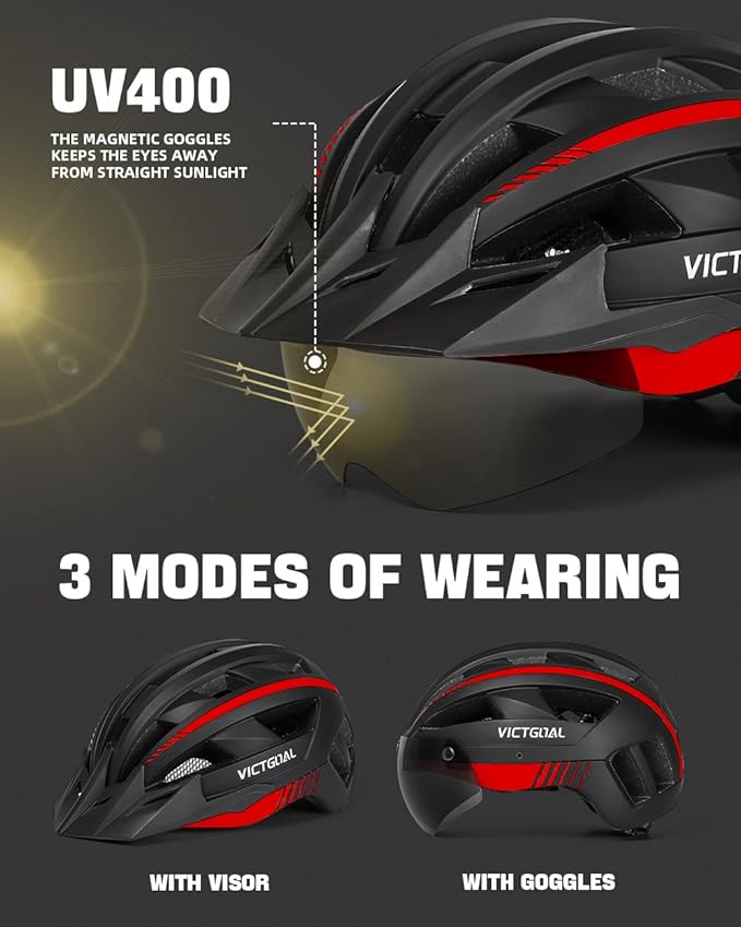 VICTGOAL Bike Helmet for Men Women with Led Light Detachable Magnetic Goggles Removable Sun Visor Mountain & Road Bicycle Helmets Adjustable Size Adult Cycling Helmets-StrideForce Fitness