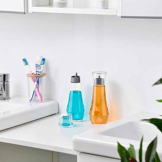 VITVITI Glass Mouthwash Dispenser for Bathroom, 8.8OZ Mouth Wash Container Bottle with Lid Cup, Small Clear Refillable Mouthwash Dispenser Decanter for Countertop, Gray