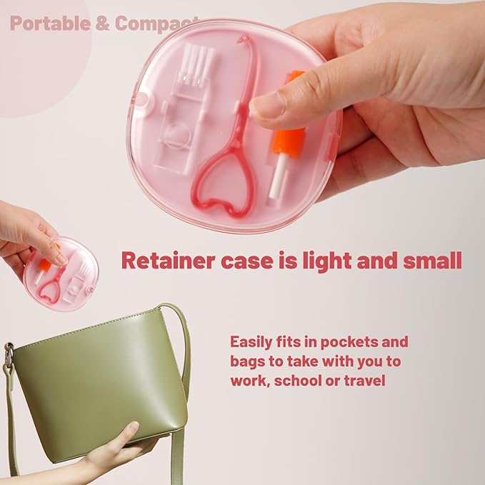 Retainer Case, Aligner Cases for Invisalign, Retainer Holder Case with Removal Tools& Aligners Chewies & Brush, Removable Inner Tray Silicone for Easy Cleaning - Pink
