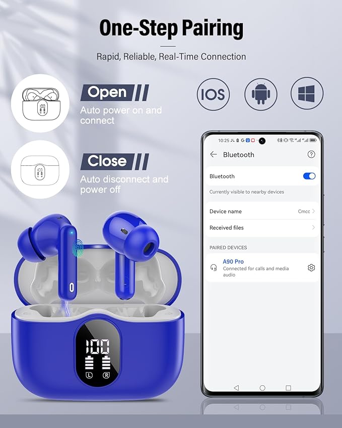 Wireless Earbuds, Bluetooth 5.4 Headphones Bass Stereo, Ear Buds with Noise Cancelling Mic, IP7 Waterproof in Ear Earphones, 36H LED Display Bluetooth Earbuds for Laptop Pad Phones Sports, Blue-StrideForce Fitness