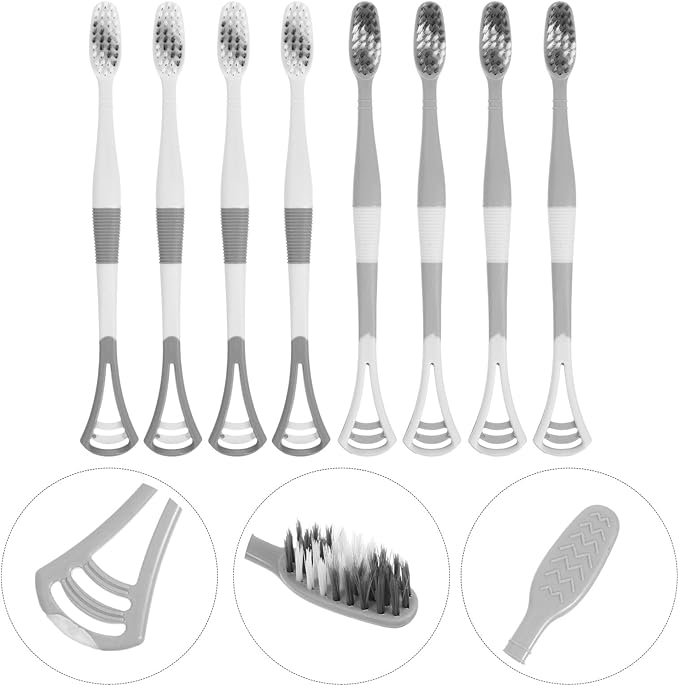 balacoo 8pcs Dual-Head Adult Toothbrush and Tongue Scraper Oral Care Kit Soft Silicone Bristles for Teeth and Tongue Cleaning at Home and Travel