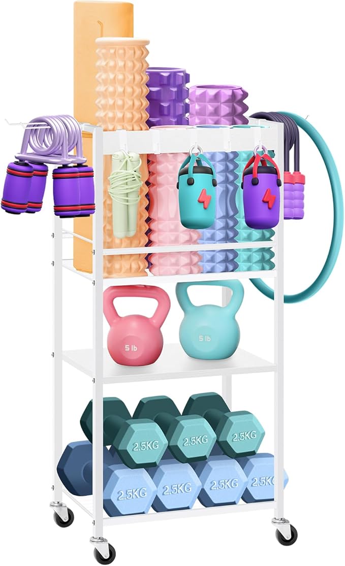 Home Gym Storage Rack, Heavy Duty Yoga Mat Holder Workout Equipment Storage Organizer Weight Rack with Hooks & Wheels for Dumbbells Kettlebells Dumbbell Yoga Block Foam Rollers Yoga Strap Resistance Bands, Fitness Exercise Equipment-StrideForce Fitness