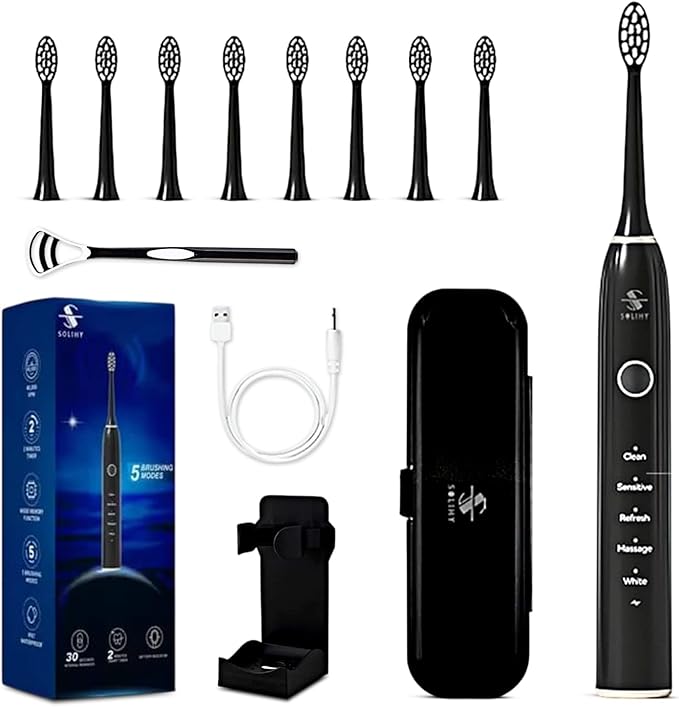 Electric Toothbrush with 8 Soft Bristle Heads for Adults, Pressure Sensor, 5 Modes with 2 Minutes Build in Smart Timer, Rechargeable Travel Toothbrush with Brush Hold and Tongue Scrapper