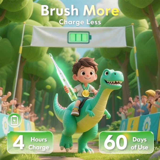 Kids Electric Toothbrush Rechargeable Age 3-5-6-12-18 Year Old, Dinosaur Toothbrush for Kids with Timer 3 Modes 4 Vibrating Heads Habit Stickers 31000VPM Boys Electric Toothbrush (Dinosaur White)