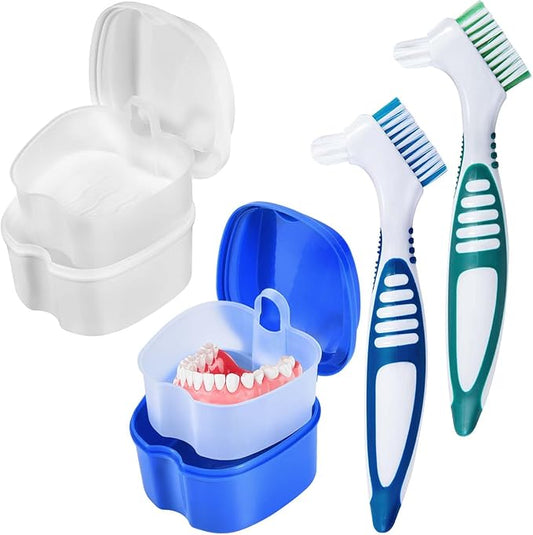 2 Pack Denture Bath Case Cup Box Holder Storage Container with Denture Cleaner Brush Strainer Basket for Travel Cleaning (White and Blue)