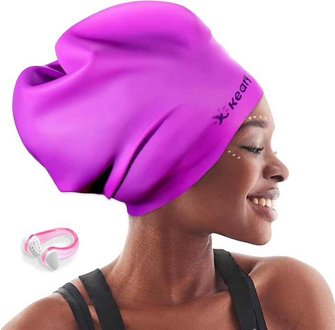 Keary Extra Large Swim Cap for Braids and Dreadlocks Extensions Weaves Long Hair, Waterproof Silicone Cover Ear Bath Pool Shower Swimming Cap for Adult Youth to Keep Hair Dry, Easy to Put On and Off-StrideForce Fitness