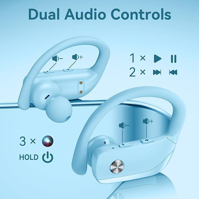 bmani Ear Buds Wireless Earbuds Bluetooth Headphones with 80H Playtime LED Display Case, Over-Ear Hook with Mic, Stereo Sound, Easy Button Controls, Sports Earphones for Running Workout Sky Blue-StrideForce Fitness