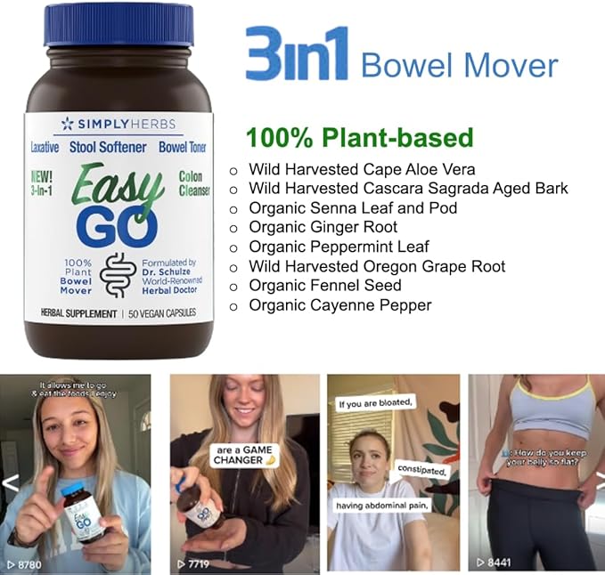 Dr. Schulze's Easy GO Bowel Mover - Formulated Gentle Laxative, Colon Toner & Stool Softener | 100% Plant Natural Bowel Cleanse - Promotes Regular & Complete Bowel Movements - 50 Count Vegan-StrideForce Fitness