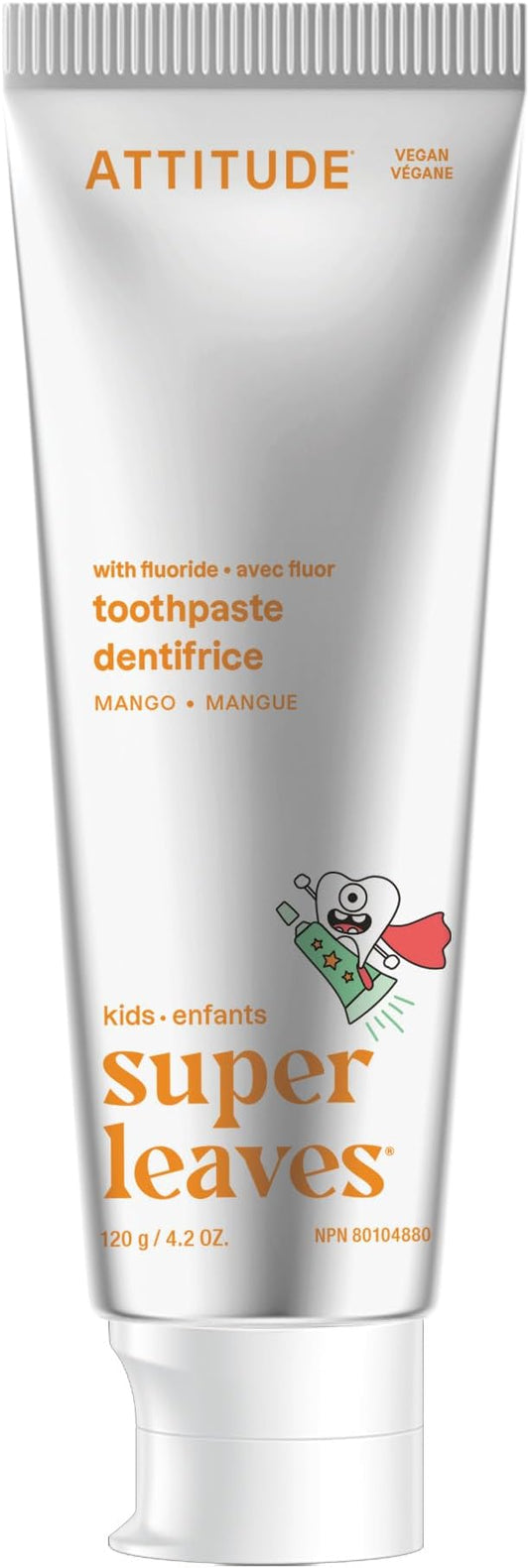 ATTITUDE Toothpaste with Fluoride, Prevents Tooth Decay and Cavities, Vegan, Cruelty-Free and Sugar-Free, Mango, 4.2 Oz