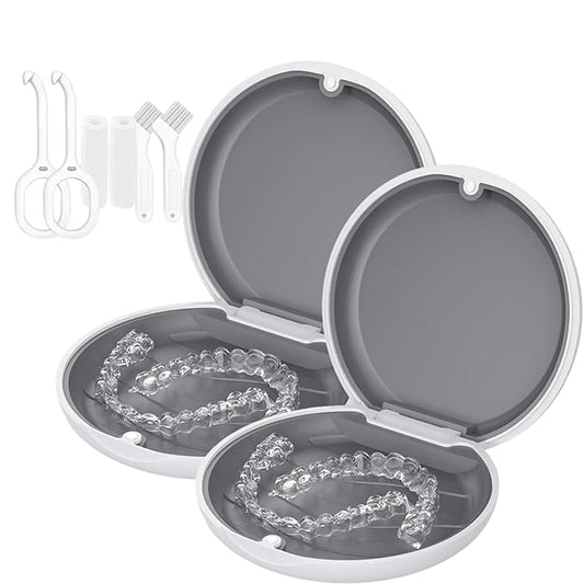 2 Retainer Case, Slim Aligner Cases for Invisalign, Mouthguard Case with Removal Tools& Aligners Chewies& Brush, Removable Inner Tray Silicone for Easy Cleaning (White-2pcs)