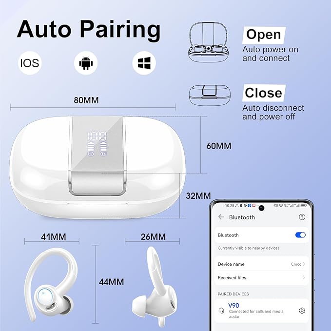 Wireless Earbuds Bluetooth 5.3 Headphones Sports, 48Hrs Playtime Bluetooth Earbuds with CVC 8.0 Mic, 2025 Stereo Bass Over Ear Bud with Earhooks, LED Display, IP7 Waterproof Earphon for Running White-StrideForce Fitness