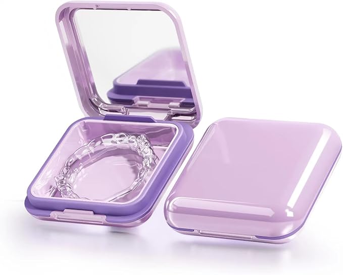 Retainer Case,Cute Mouthguard Case with Mirror,Slim Night Mouth Guard Case with Lid Hinge,Aligner Case,Inner Size 2.56, 2.36, 0.79inch