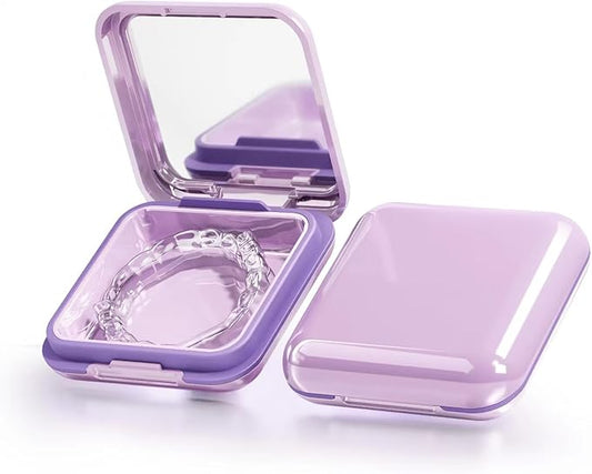 Retainer Case,Cute Mouthguard Case with Mirror,Slim Night Mouth Guard Case with Lid Hinge,Aligner Case,Inner Size 2.56, 2.36, 0.79inch