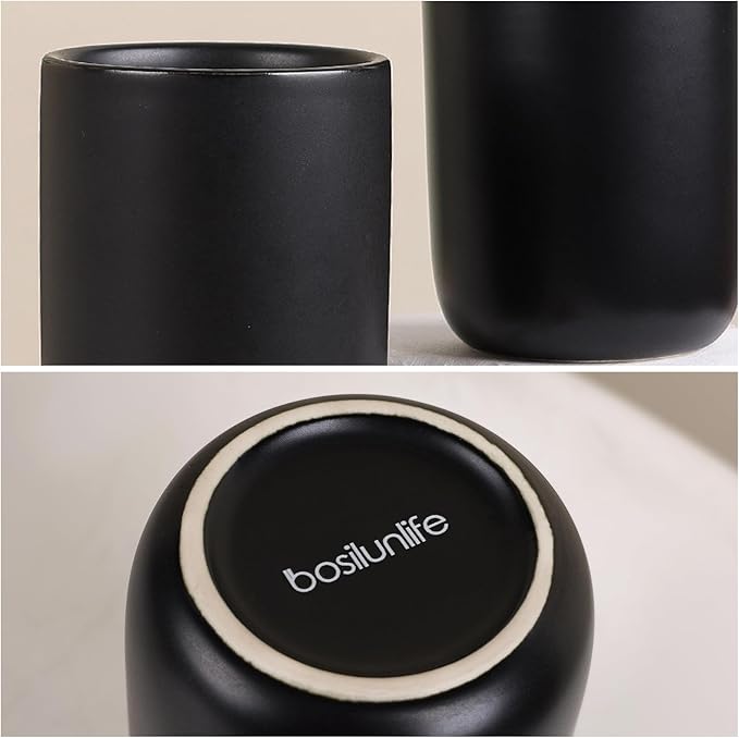 BosilunLife Ceramic Toothbrush Holder - 12oz Bathroom Toothbrush Holder Black Tooth Brush Holders Tumbler Cups Reusable Toothbrush Mouthwash Cup Small Toothbrush and Toothpaste Holder