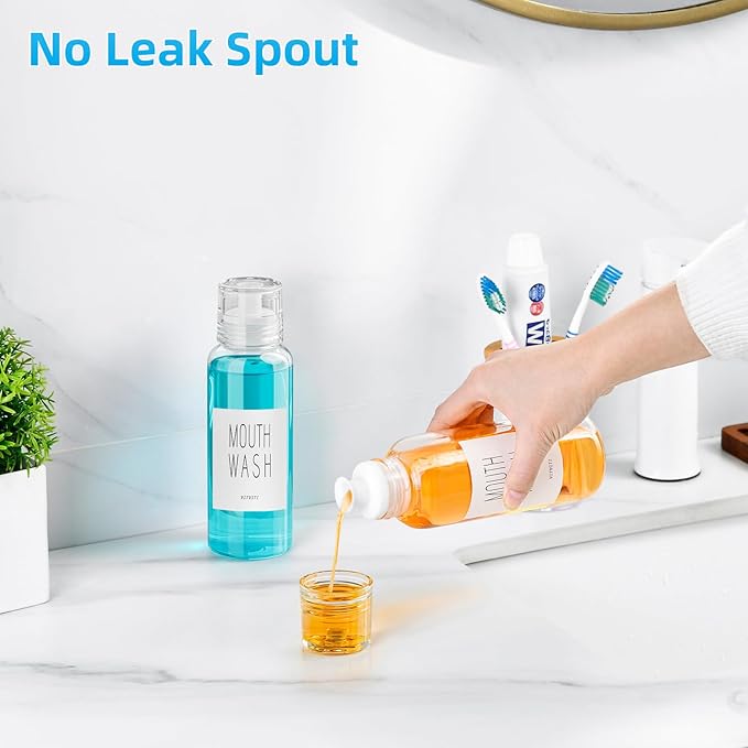 VITVITI Glass Mouthwash Dispenser for Bathroom, 10 OZ Mouth Wash Container Bottle with Lid Cup, Countertop Small Clear Refillable Mouthwash Dispensers Decanter (White)