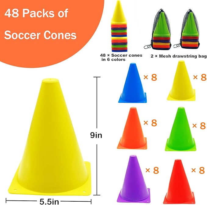 12/24/48Pcs Soccer Cones,7" or 9" Soccer Cones for Training, Multicolor Cones Sports Soccer Training Cones, Field Cones for Skating Basketball Football Drills Practice-StrideForce Fitness
