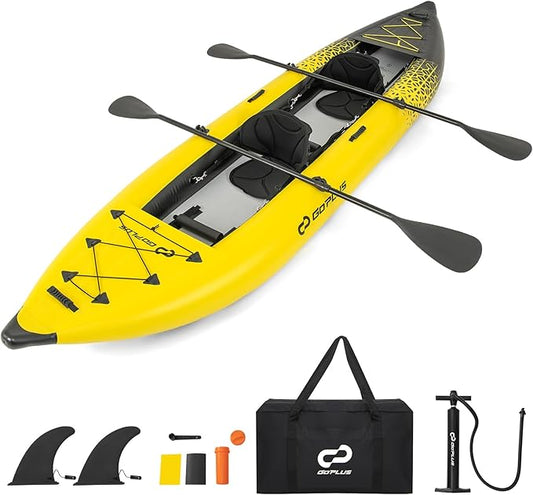 Goplus Inflatable Kayak, 2-Person Kayak Set for Adults with 507 LBS Weight Capacity, 2 Aluminium Oars, EVA Padded Seat, 2 Fins, Hand Pump, Carry Bag, Repair Kit, Portable Touring Kayaks-StrideForce Fitness