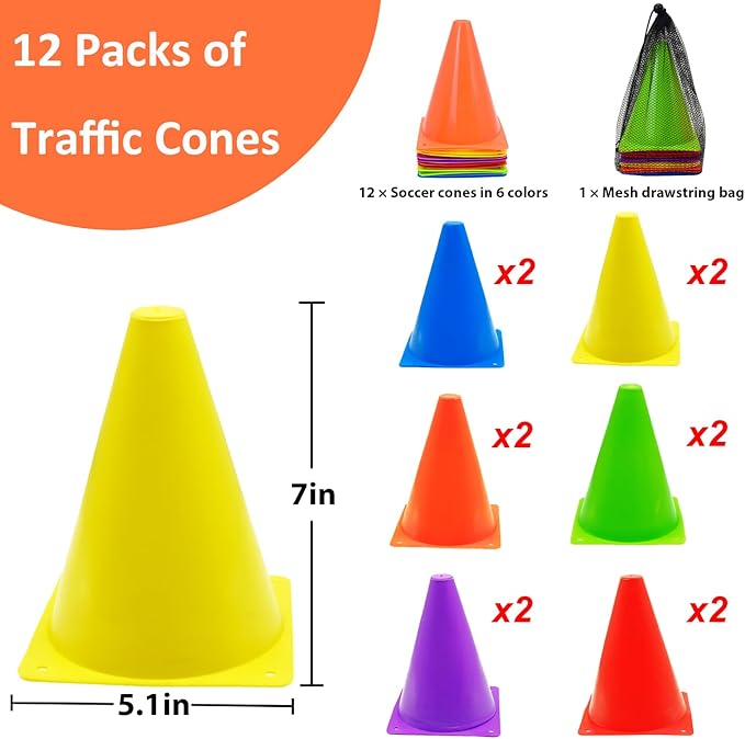 12/24/48Pcs Soccer Cones,7" or 9" Soccer Cones for Training, Multicolor Cones Sports Soccer Training Cones, Field Cones for Skating Basketball Football Drills Practice-StrideForce Fitness