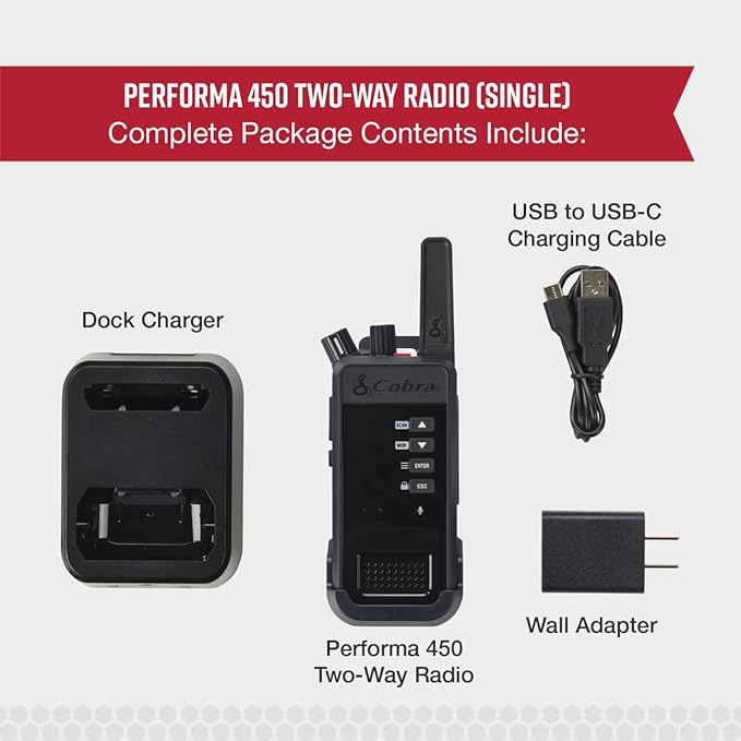 Cobra Performa 450 Business Radio (1-Pack with Dock) - 6-Channel UHF/LMR Professional Two Way Radio, Waterproof Walkie Talkie, Shockproof, IP67 & MIL-SPEC Rated, 18hr Battery, LCD Screen-StrideForce Fitness