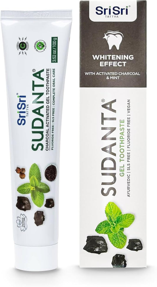 Sri Sri Tattva Sudanta Charcoal Toothpaste Gel – SLS, Fluoride Free Herbal Toothpaste with Neem & Ayurvedic Herbs – Natural Teeth Whitening, Fresh Breath, Oral & Gum Health – 100g Tube (Pack of 1)
