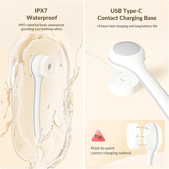 Electric Body Brush Back Scrubber for Shower, Waterproof Long Dual Handle Power Body Scrubber with 3 Heads, Rechargeable Bath Brush & 2 Speeds, for Cleansing, Exfoliating and Massaging Skin-StrideForce Fitness