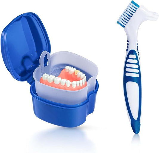 Blue Denture Bath Case Cup Box Holder Storage Container with Denture Cleaner Brush Strainer Basket for Travel Cleaning