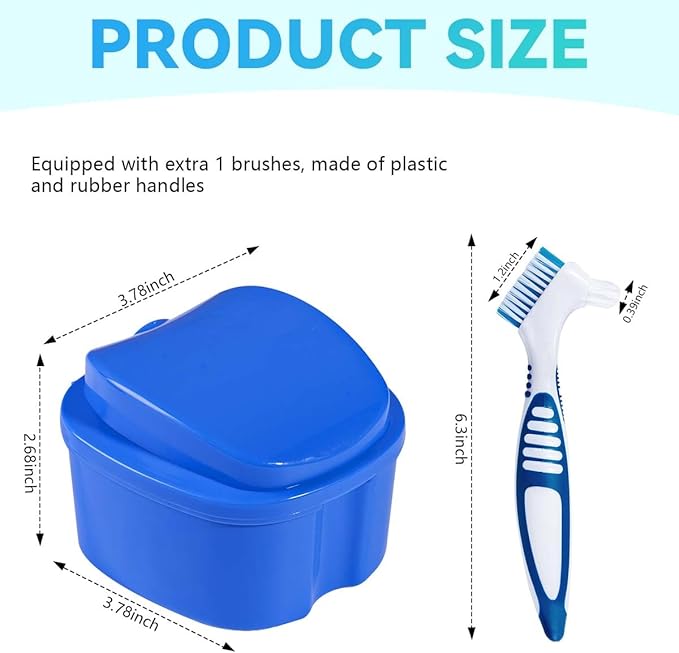 Blue Denture Bath Case Cup Box Holder Storage Container with Denture Cleaner Brush Strainer Basket for Travel Cleaning