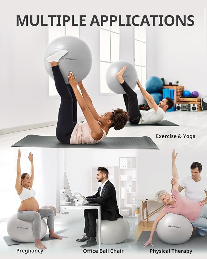 Trideer Extra Thick Yoga Ball Exercise Ball, 5 Sizes Gym Ball, Heavy Duty Ball Chair for Balance, Stability, Pregnancy, Quick Pump Included-StrideForce Fitness