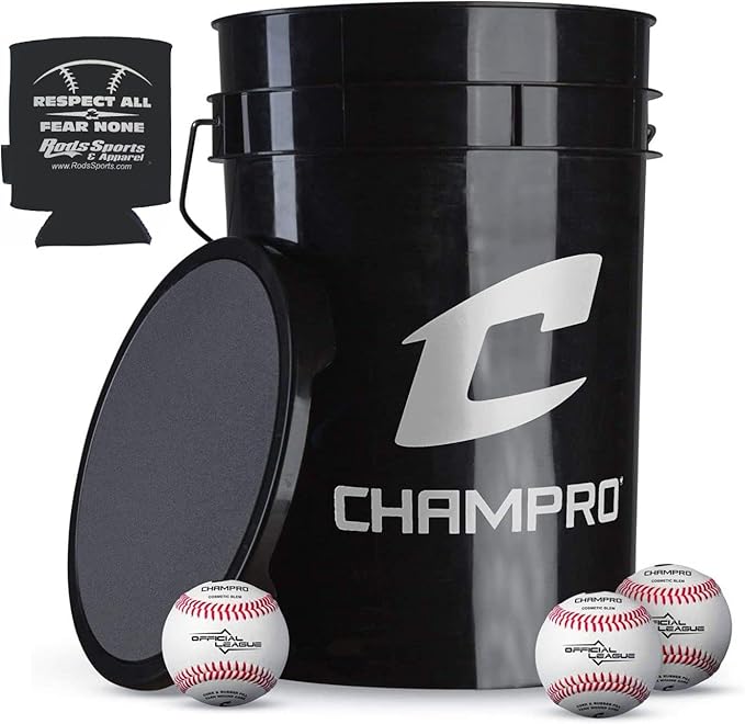CHAMPRO CBB-200D Full Grain Leather Cover Baseballs with Cosmetic Blem in a Black Bucket – 30 Balls and one Rods Can Sleeve Included-StrideForce Fitness