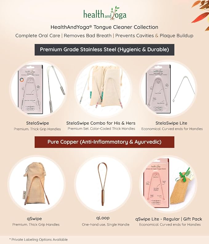 HealthAndYoga™ qSwipe Copper Tongue Cleaner Scraper - Hygienic, Non-Synthetic Grip – Tongue Brush Cleaner (Copper - 2-Pack)