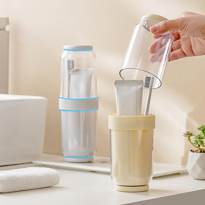 Toothbrush Cup with Cover, Travel Toothbrush Case Portable Toothbrush Holder for Traveling Business Camping School Bathroom (Beige)