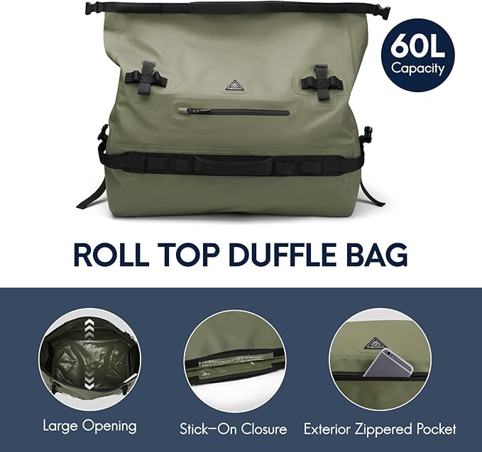 Haimont Large Waterproof Duffel Backpack Roll-Top Heavy Duty Dry Duffle Bag for Boating, Travel, Motorcycle, Kayaking, Camping, 60L-StrideForce Fitness
