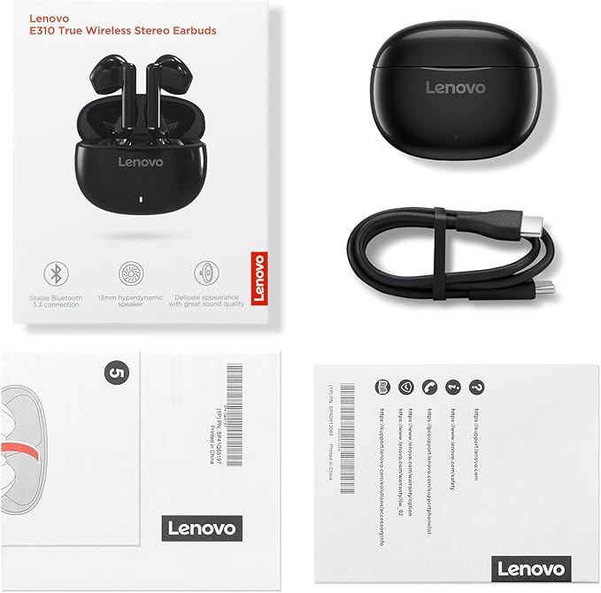 Lenovo E310 True Wireless Stereo Earbuds Bluetooth 5.3 ENC Noise-Cancelling Black In-Ear Headphones 13mm Speaker Type-C Charging 20h Battery Life for Music Calls Comfortable Fit Wireless Earbuds-StrideForce Fitness