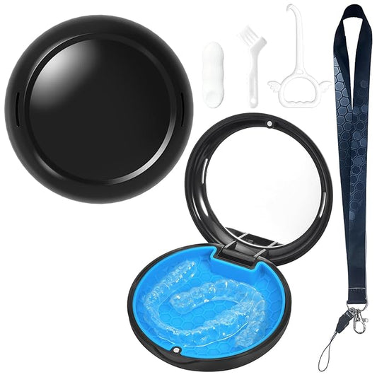 Retainer Case with Mirror and Lanyard,Slim Aligner Case with Vent Holes,Cute Dental Brace Box with Retainer Removal Tool and Brush