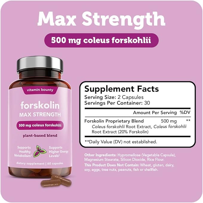 Vitamin Bounty Forskolin Maximum Strength for Weight Loss - Natural Coleus Forskohlii Root Extract Supplement - 20% Standardized Forskolin Powder - Weight Management Support - 60 Capsules-StrideForce Fitness