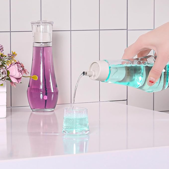 Mouthwash Dispenser For Bathroom, Glass Mouth Wash Dispensers With Cup, Mouthwash Container Bottle Holder For Adults/Kid, 8.8 OZ, Set Of 2